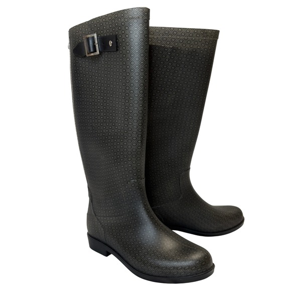 Black Micro-Pattern Knee High Rain Boots Red Zipper Women's EU 39 (US 8.5–9) - Picture 2 of 9